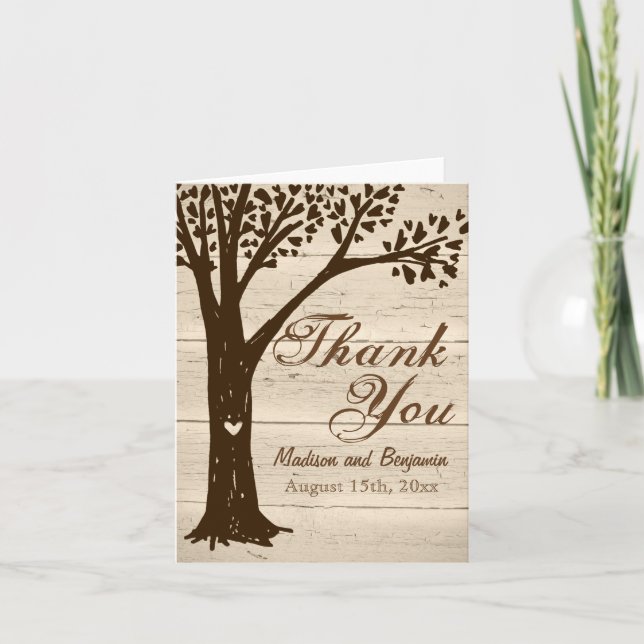 Antique Wood Carved Tree Wedding Thank You Card (Front)