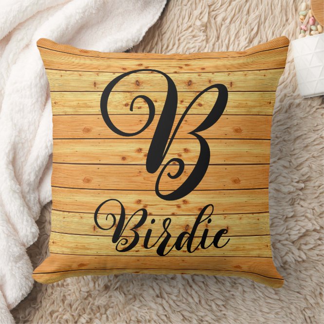 Antique Wood Name & Monogram Throw Pillow
