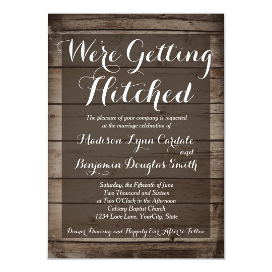 Antique Wood Getting Hitched Wedding Invitations Zazzle Antique Wood Getting Hitched Wedding Invitations