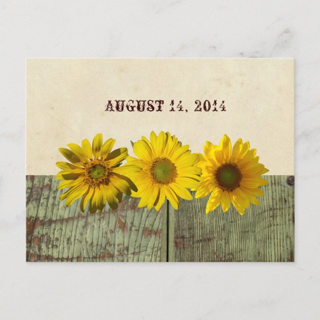 Antique Wood Yellow Sunflower Save the Date Announcement Postcard (Front)