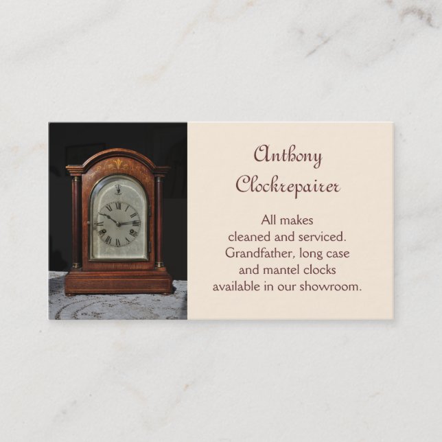 Antique wooden mantel clock business card (Front)