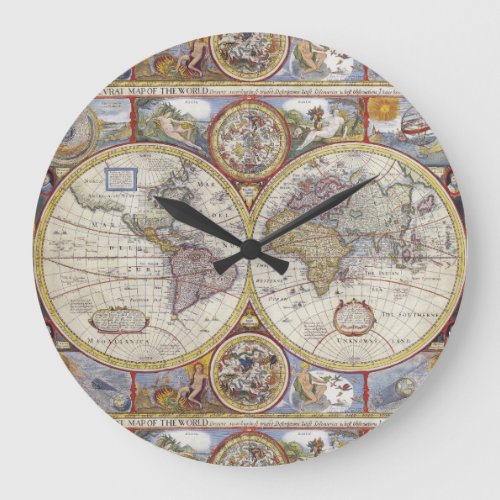 Antique World Map 1626 Illustrated Cartography Large Clock