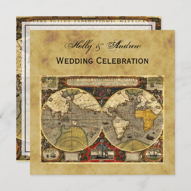 Antique World Map #2, Distressed BG SQ Wedding Invitation (Front/Back)