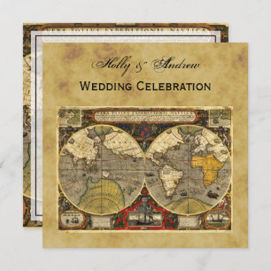 Antique World Map #2, Distressed BG SQ Wedding Invitation