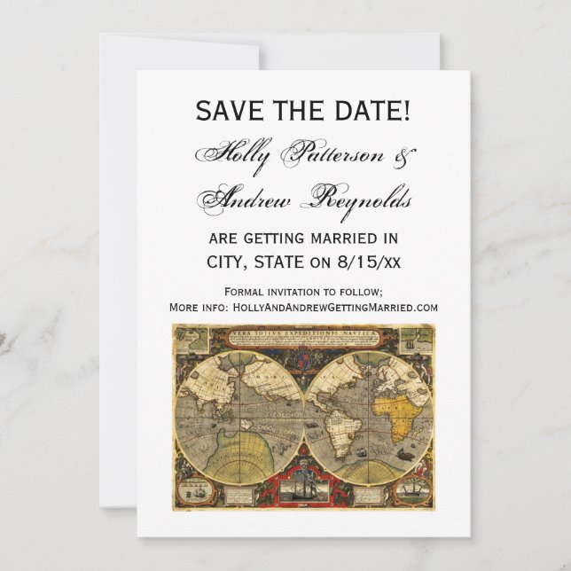 Antique World Map #2, DIY White BG Save The Date Invitation (Front)
