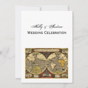 Antique World Map #2, DIY White BG V Wedding Invitation