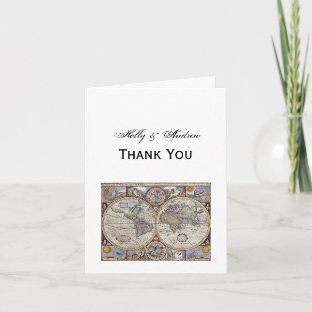 Antique World Map #3 Letterpress Thank You Card (Front)