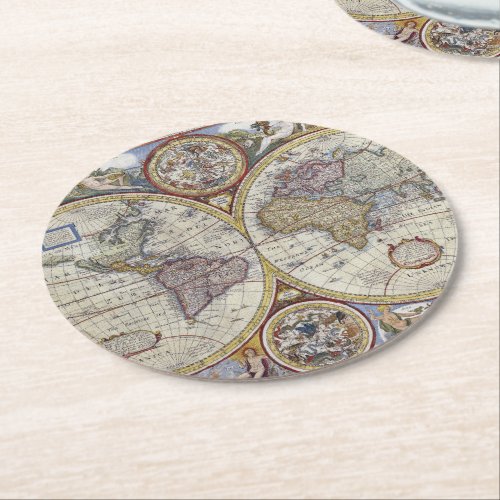 Antique World Map 3 Round Paper Coaster