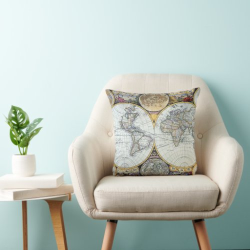 Antique World Map Atlas Maritimus by John Seller Throw Pillow