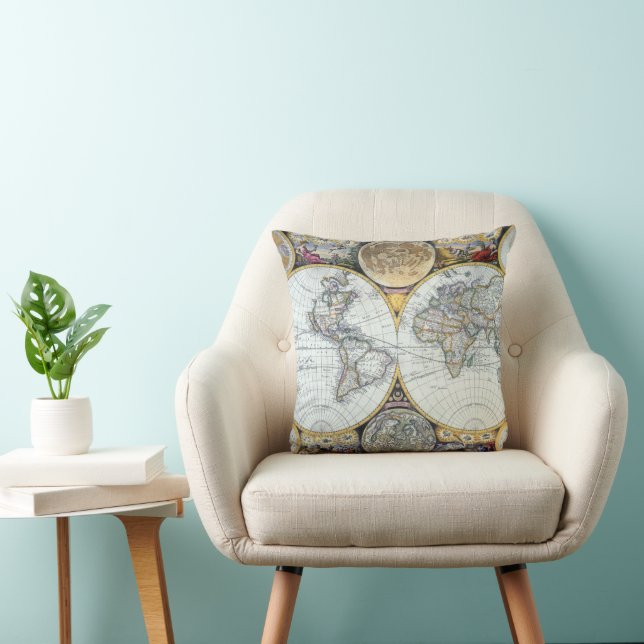 Antique World Map, Atlas Maritimus by John Seller Throw Pillow (Chair)