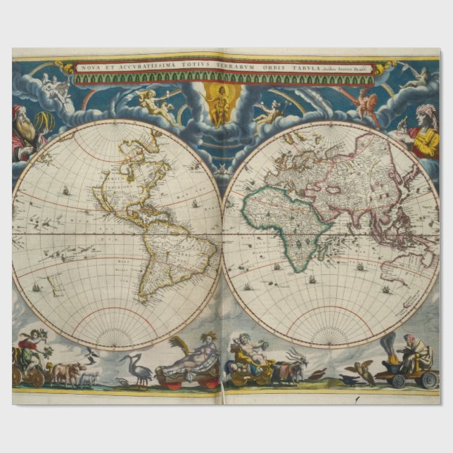 Antique World Map - Blaeu, Joan 1664 Wrapping Paper (Flat)