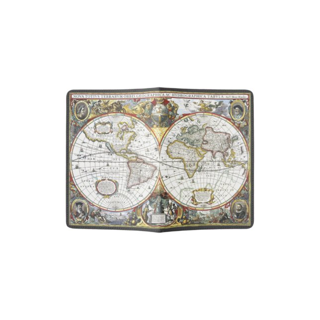 Antique World Map by Hendrik Hondius, 1630 Passport Holder (Opened)