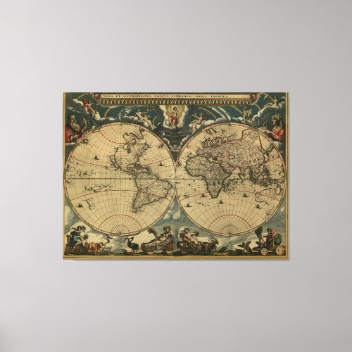 Antique World Map by Joan Blaeu circa 1664 Canvas Print