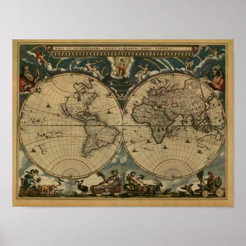 Antique World Map by Joan Blaeu circa 1664 Poster