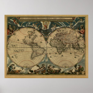 Antique World Map by Joan Blaeu, circa 1664 Poster