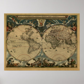 Antique World Map by Joan Blaeu, circa 1664 Poster