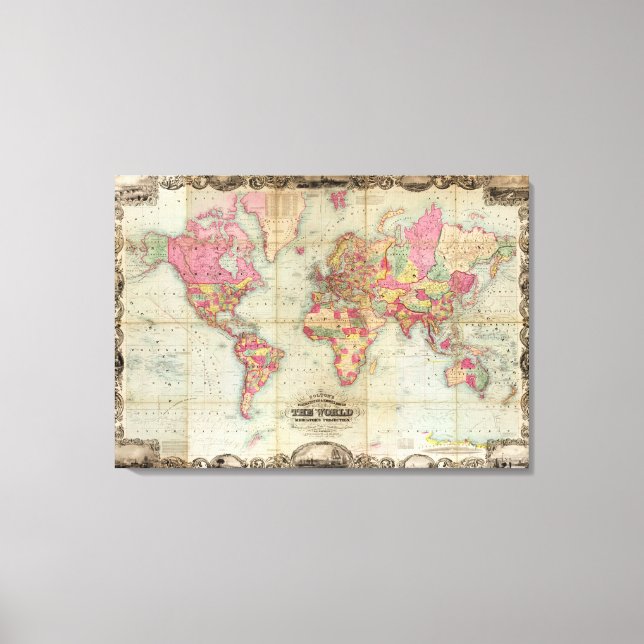 Antique World Map by John Colton, circa 1854 Canvas Print (Front)