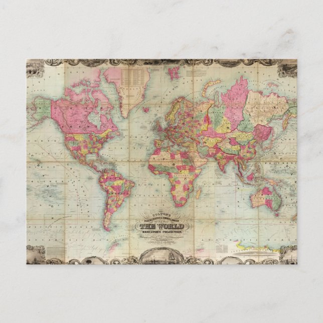 Antique World Map by John Colton, circa 1854 Postcard (Front)