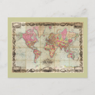 Antique World Map by John Colton, circa 1854 Postcard