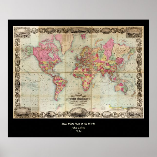 Antique World Map by John Colton, circa 1854 Poster (Front)