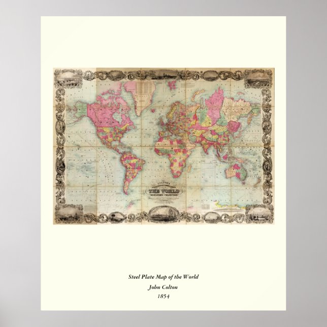 Antique World Map by John Colton, circa 1854 Poster (Front)
