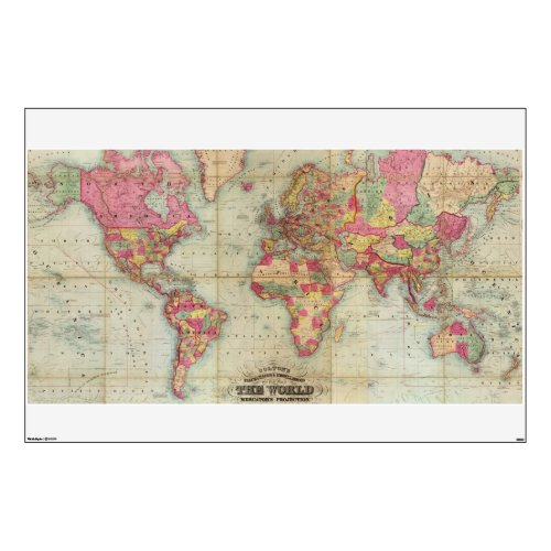 Antique World Map by John Colton circa 1854 Wall Decal