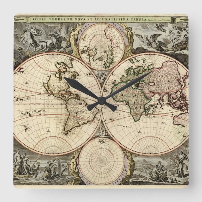 Antique World Map by Nicolao Visscher, circa 1690 Square Wall Clock (Front)