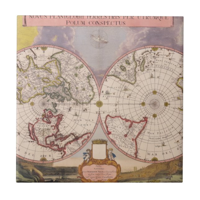 Antique World Map Ceramic Tile (Front)