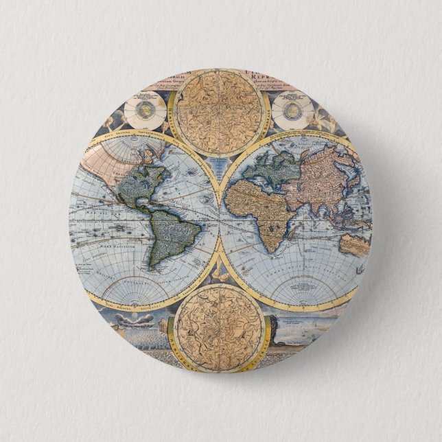 Antique world map cool pinback button (Front)