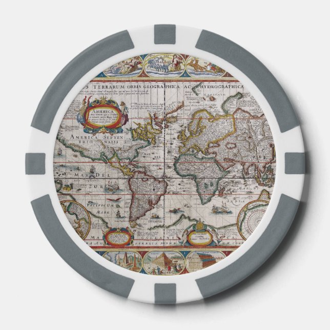 Antique World Map custom poker chips (Front)