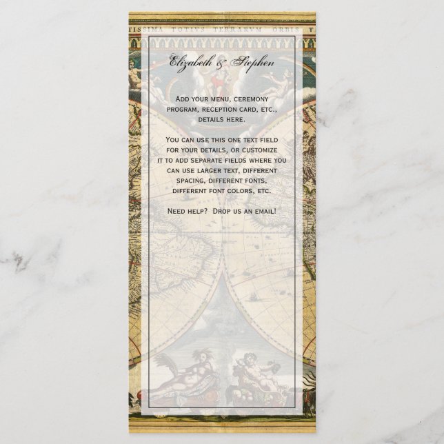 Antique World Map Distressed #2 Menu Card (Front)