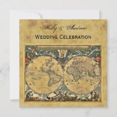 Antique World Map Distressed BG SQ Wedding Invitation