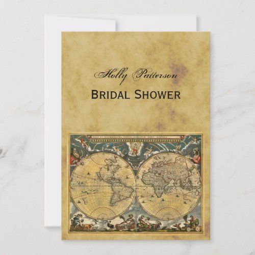 Antique World Map Distressed BG V Bridal Shower Invitation