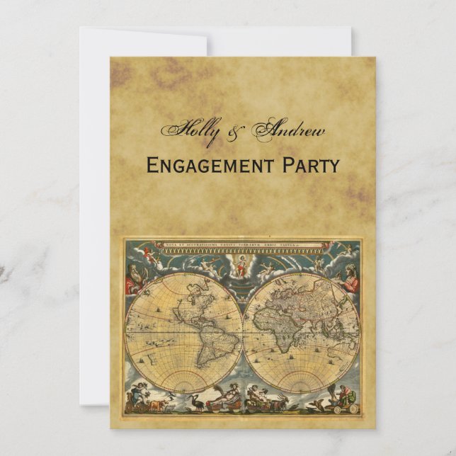 Antique World Map, Distressed BG V Engagement Invitation (Front)