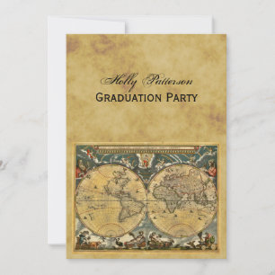 Antique World Map, Distressed BG V Graduation Invitation