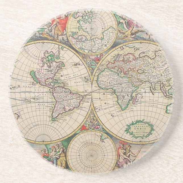 Antique World Map Drink Coaster (Front)