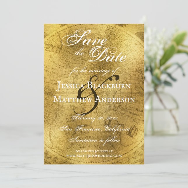 Antique World Map Faux Gold Foil Customizable Save The Date (Standing Front)