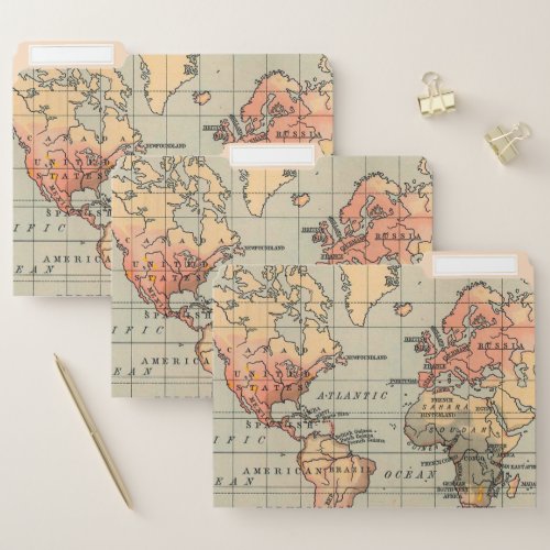 Antique World Map File Folder