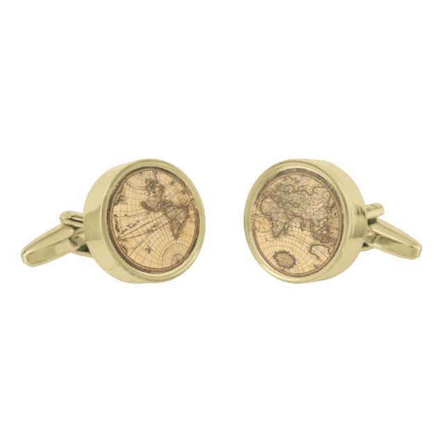 Antique World Map Gold Cufflinks (Angled)