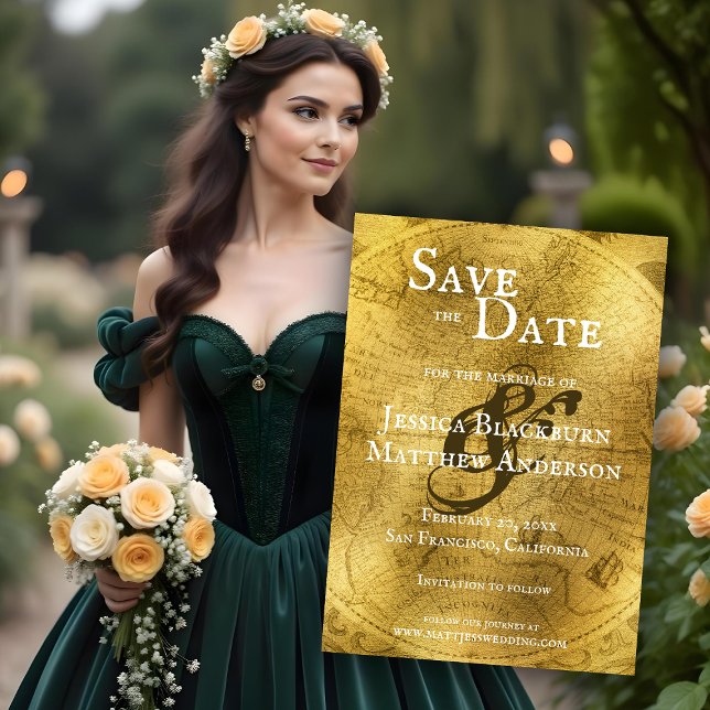 Antique World Map Golden Save The Date (Antique World Map Golden Save The Date. Model is AI Gen.)