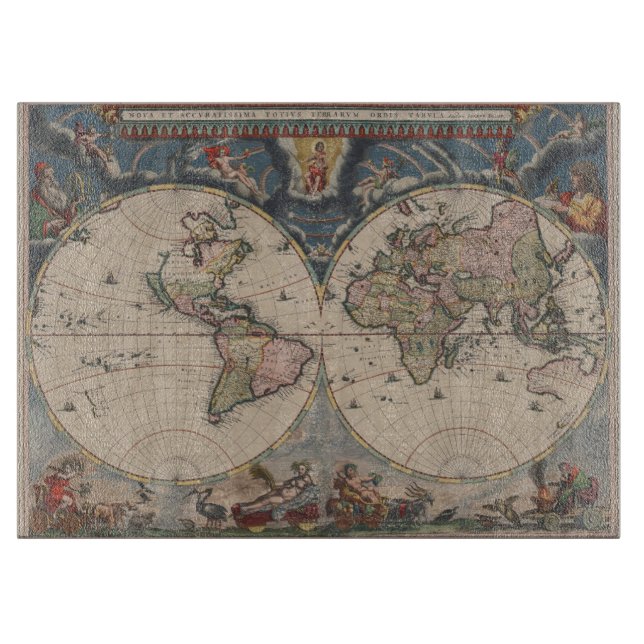 Antique World Map: Historical Cartography Art Cutting Board (Front)