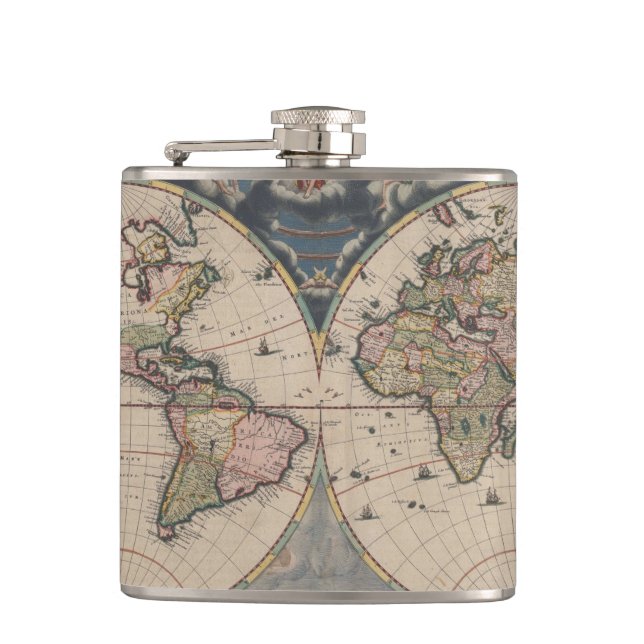 Antique World Map: Historical Cartography Art Hip Flask (Front)