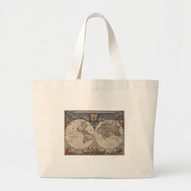 Antique World Map: Historical Cartography Art Large Tote Bag (Front)