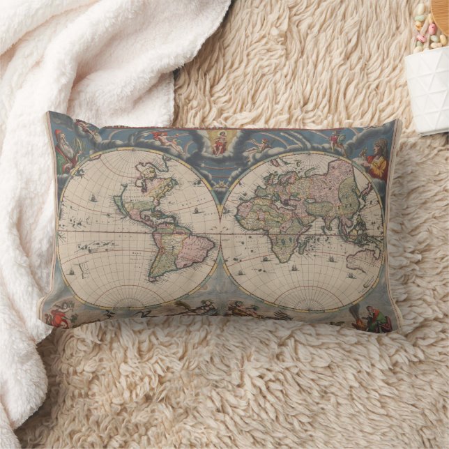 Antique World Map: Historical Cartography Art Lumbar Pillow (Blanket)