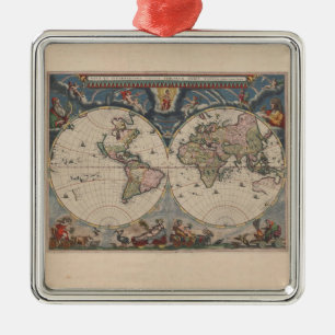 Antique World Map: Historical Cartography Art Metal Ornament