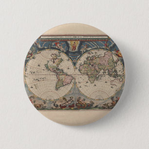 Antique World Map: Historical Cartography Art Pinback Button