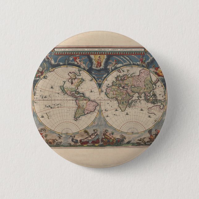 Antique World Map: Historical Cartography Art Pinback Button (Front)