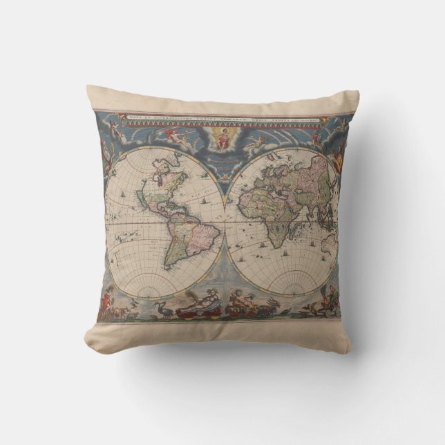 Antique World Map: Historical Cartography Art Throw Pillow (Front)