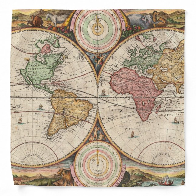 Antique World Map in two Hemispheres Bandana (Front)