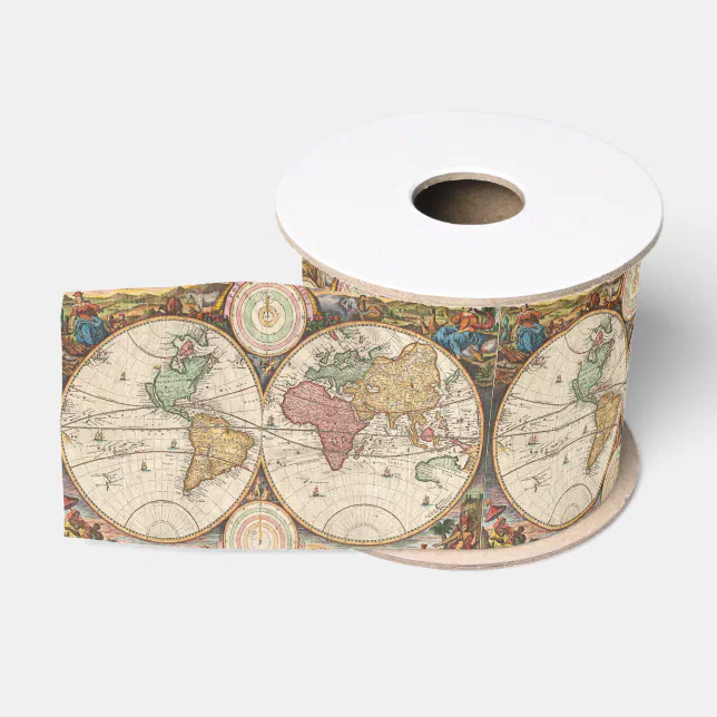 Antique World Map in two Hemispheres Grosgrain Ribbon | Zazzle